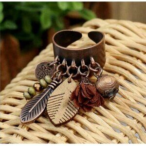 Ring. Bohemian Style Adjustable Antique Bronze Feather Tassel Bead Charms. OSFM.